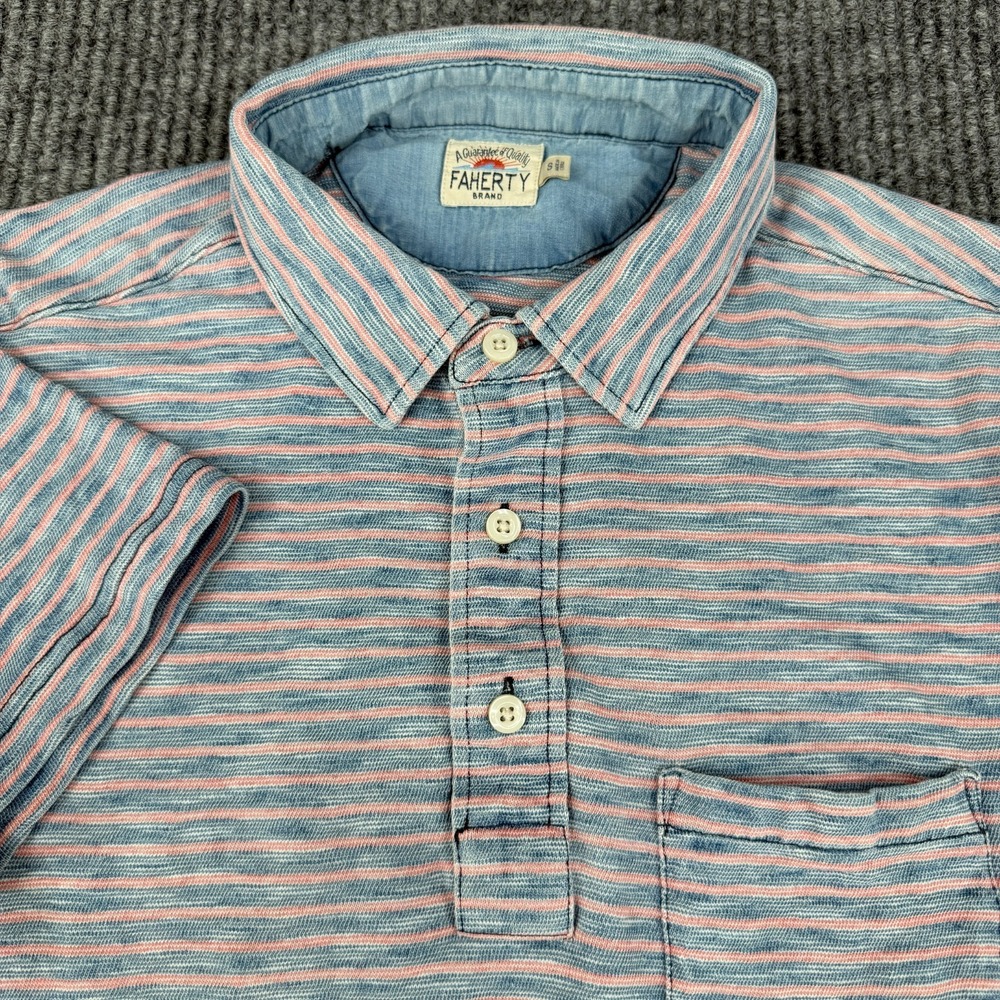 Faherty Men's Polo Shirt Small Blue Pink Cotton Pocket Knit Indigo Dyed Stripe